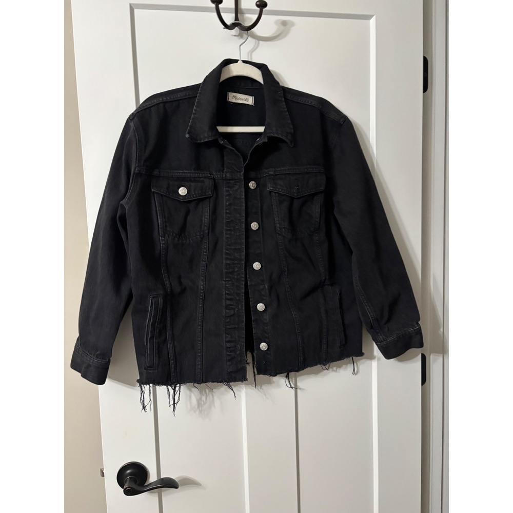 Madewell Womens Black Denim Trucker Jacket Raw Hem G7501 Cotton Size Medium - Picture 1 of 6